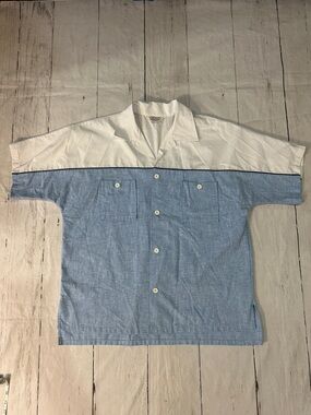 Vintage Sea Island Two-Tone Short Sleeve Button-Up Shirt  White & Light Blue med